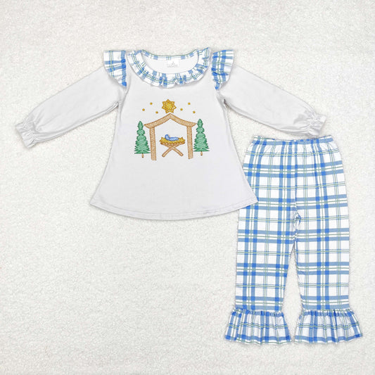 rts no moq GLP1381 Christmas Tree Jesus Light Grey Long Sleeve Blue Plaid Lace Pants Set