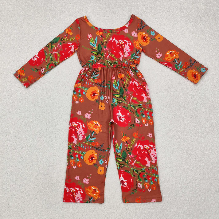 RTS NO MOQ Baby Girls Groovy Flowers Long Sleeve Fall Jumpsuits