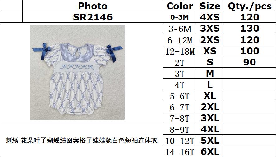 RTS NO MOQ ETA 5/7days arrived SR2146 Embroidered flower leaf bow pattern plaid doll collar white short-sleeved jumpsuit