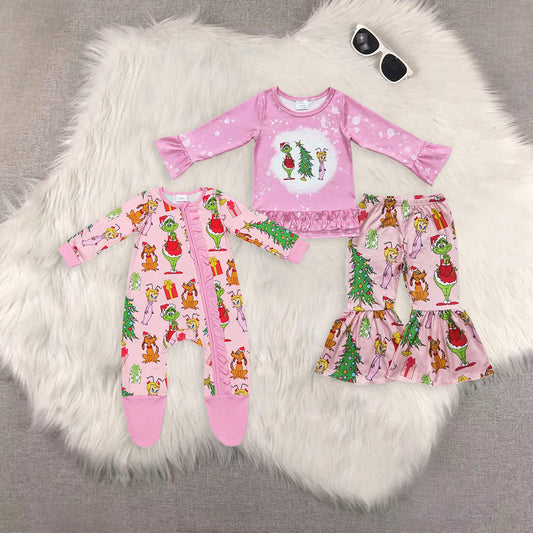 RTS NO MOQ Sibling Baby girls Christmas cartoon trees long-sleeved trousers suit & romper