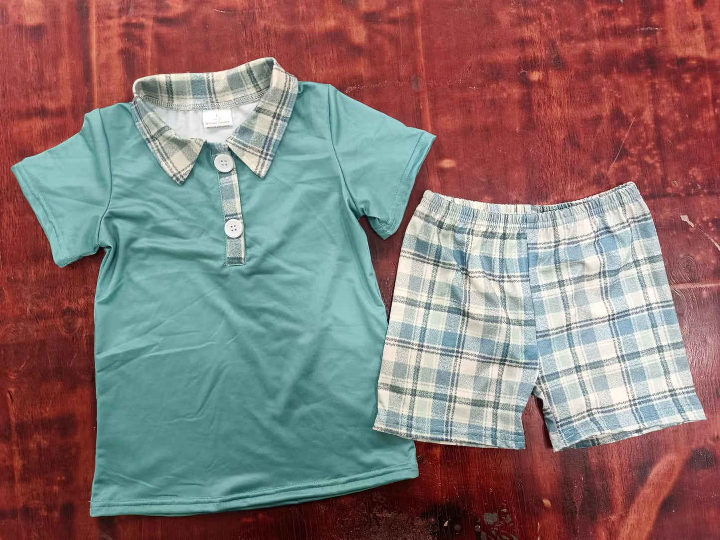 custom moq 5 eta 5weeks mix size summer boys teal grid short sleeve shorts sets