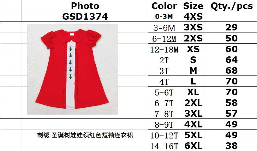 rts no moq GSD1374 Embroidered Christmas tree doll collar red short-sleeved dress