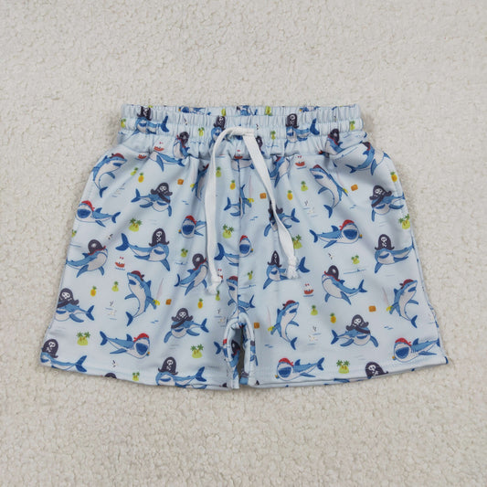 RTS NO MOQ（In Stock) Pirate Shark Light Blue Swim Trunks