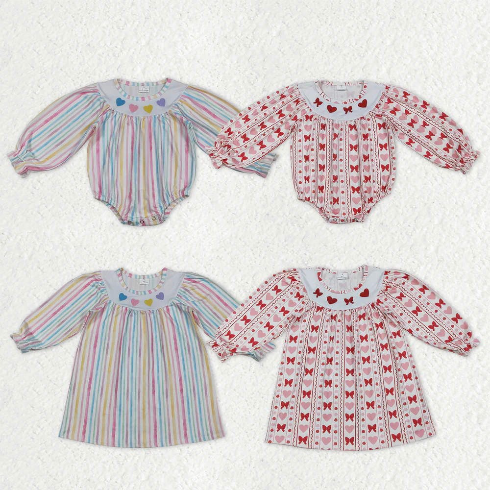 RTS NO MOQ Sibling Baby girls clothes Embroidery valentine love long-sleeved rompers and dresses
