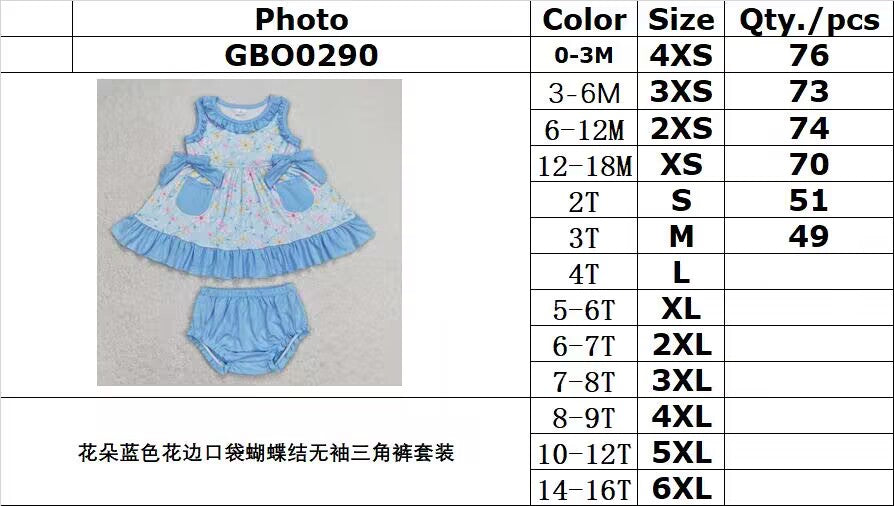 GBO0290 Floral Blue Lace Pocket Bow Sleeveless Briefs Set