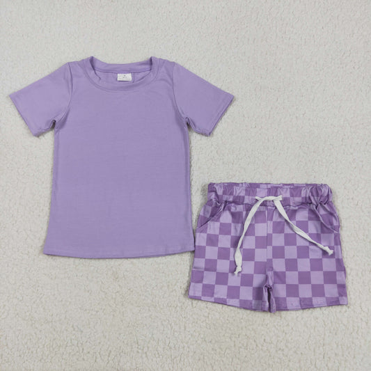 RTS NO MOQ GSSO2524 Pure purple short-sleeved plaid shorts set