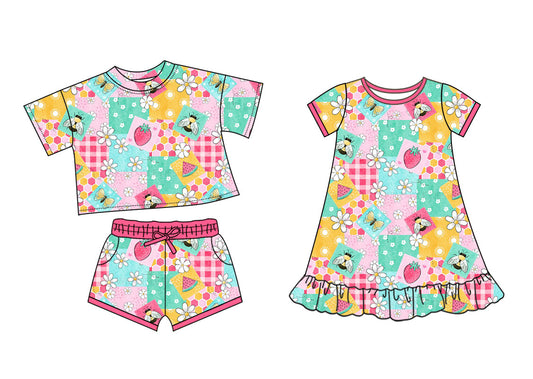 25.12.2 custom each style moq 5 eta 6-8week Sibling Sister bee floral baby short sleeve shorts sets and dress match design
