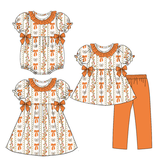 3.15 custom each style moq 5eta 4-6week Sibling Sisters bow baby girl short sleeve pants sets and dress and rompers match family design