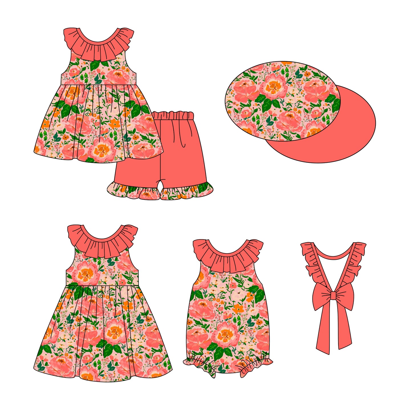 1.3 custom each style moq 5eta 4-6week Sibling Sistes floral baby girl short sleeve shorts sets and dress and rompers match family design