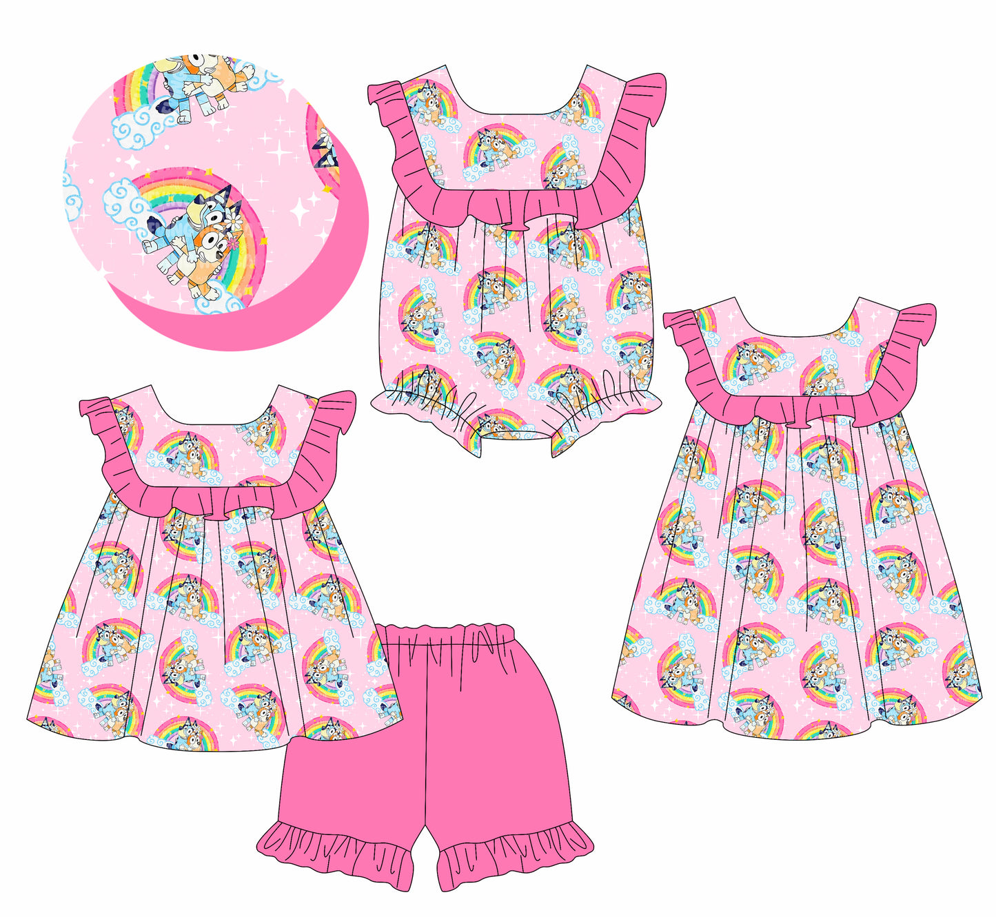 1.25 custom each style moq 5eta 4-6week Sibling Sisters cartoon dog rainbow baby girl short sleeve shorts sets and dress and rompers match family design