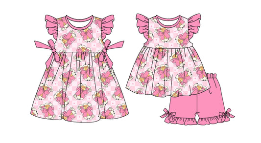 1.6 custom each style moq 5eta 4-6week Sibling Sister pencil bow baby girl short sleeve shorts sets and dresses match design