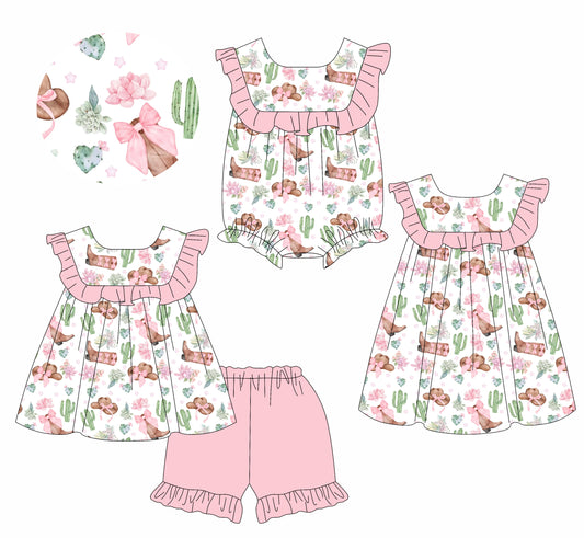 1.16 custom each style moq 5eta 4-6week Sibling Sisters boot catcus bow baby girl short sleeve shorts sets and dress and rompers match family design