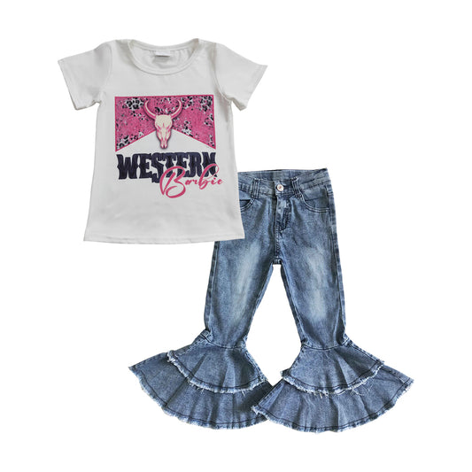 GT0134 Girls WESTERN pink cow head white short-sleeved top+C5-15 Light bleached double denim flared pants