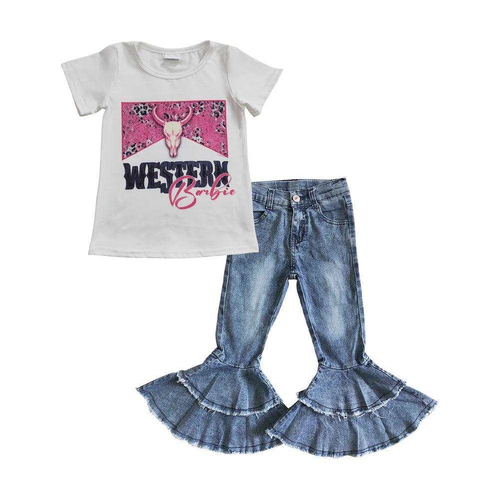 GT0134 Girls WESTERN pink cow head white short-sleeved top+C5-15 Light bleached double denim flared pants