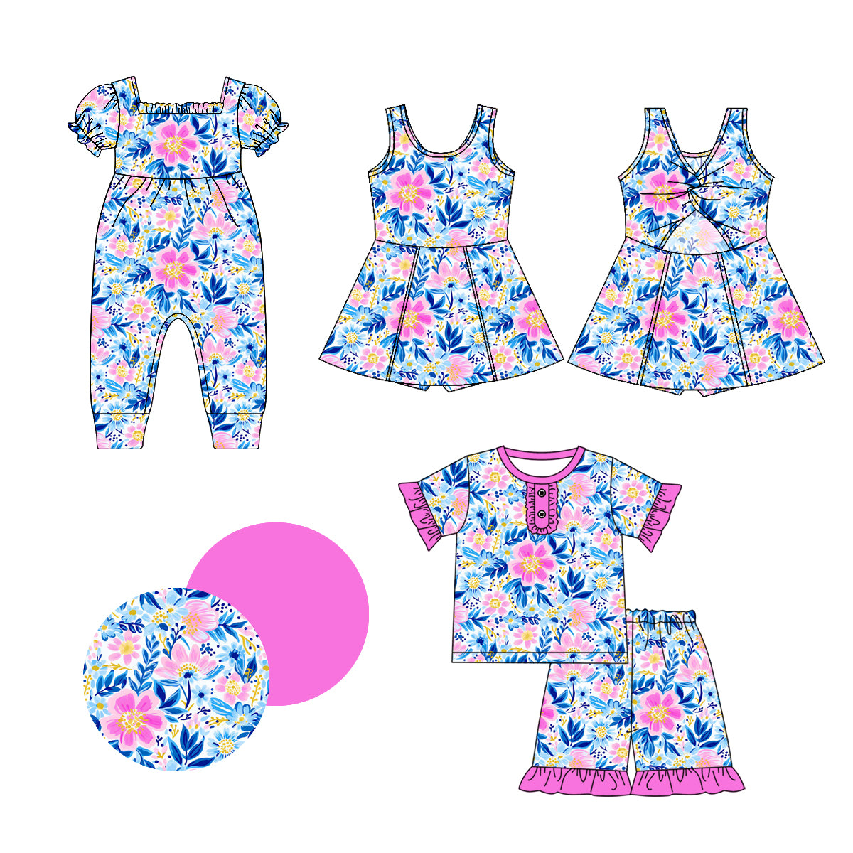 1.4 custom each style moq 5eta 4-6week Sibling Sistes floral baby girl short sleeve shorts sets and dress and rompers match family design