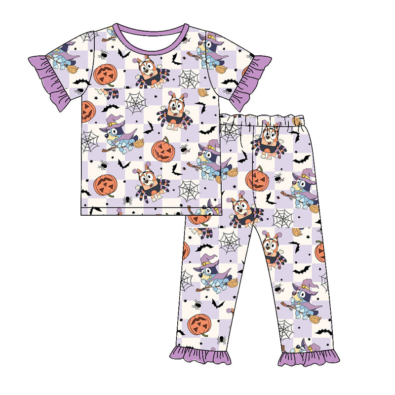 5.7custom each style moq 5eta 4-5week Sibling Sister Halloween pumpkin prints white and purple girls and boys outfits and baby romper and backpack match family design