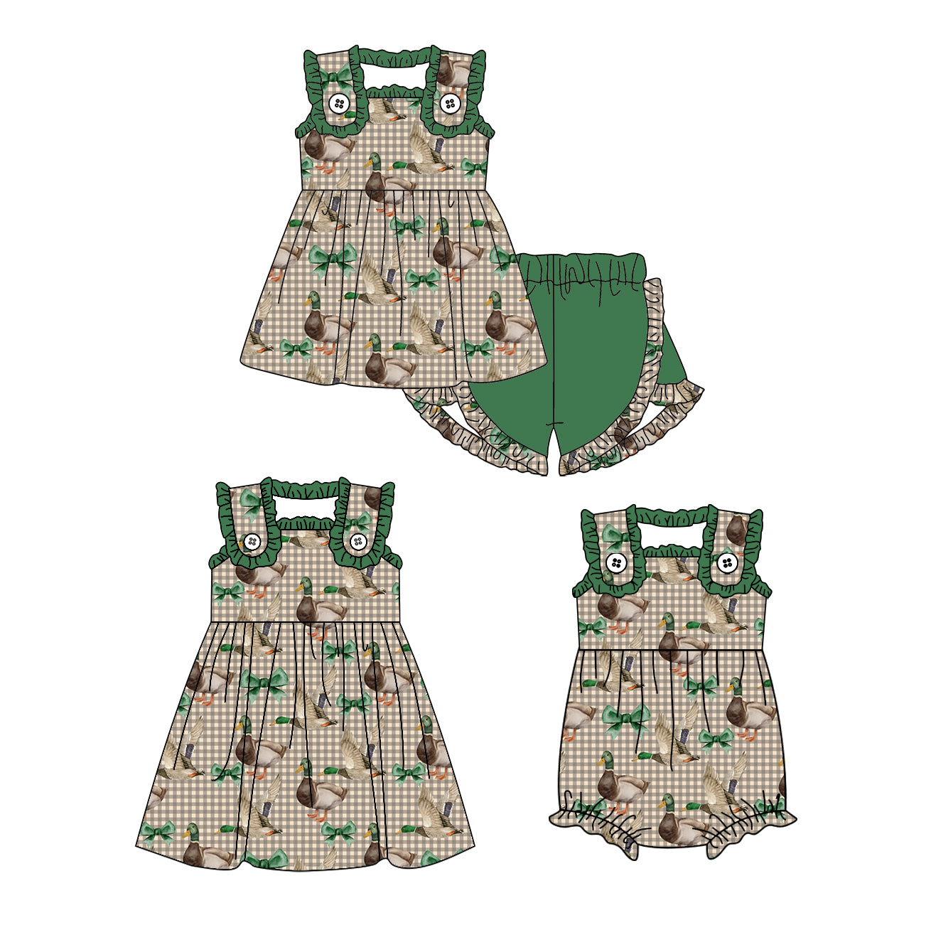 1.23 custom each style moq 5eta 4-6week Sibling Sisters duck bow baby girl short sleeve shorts sets and dress and rompers match family design