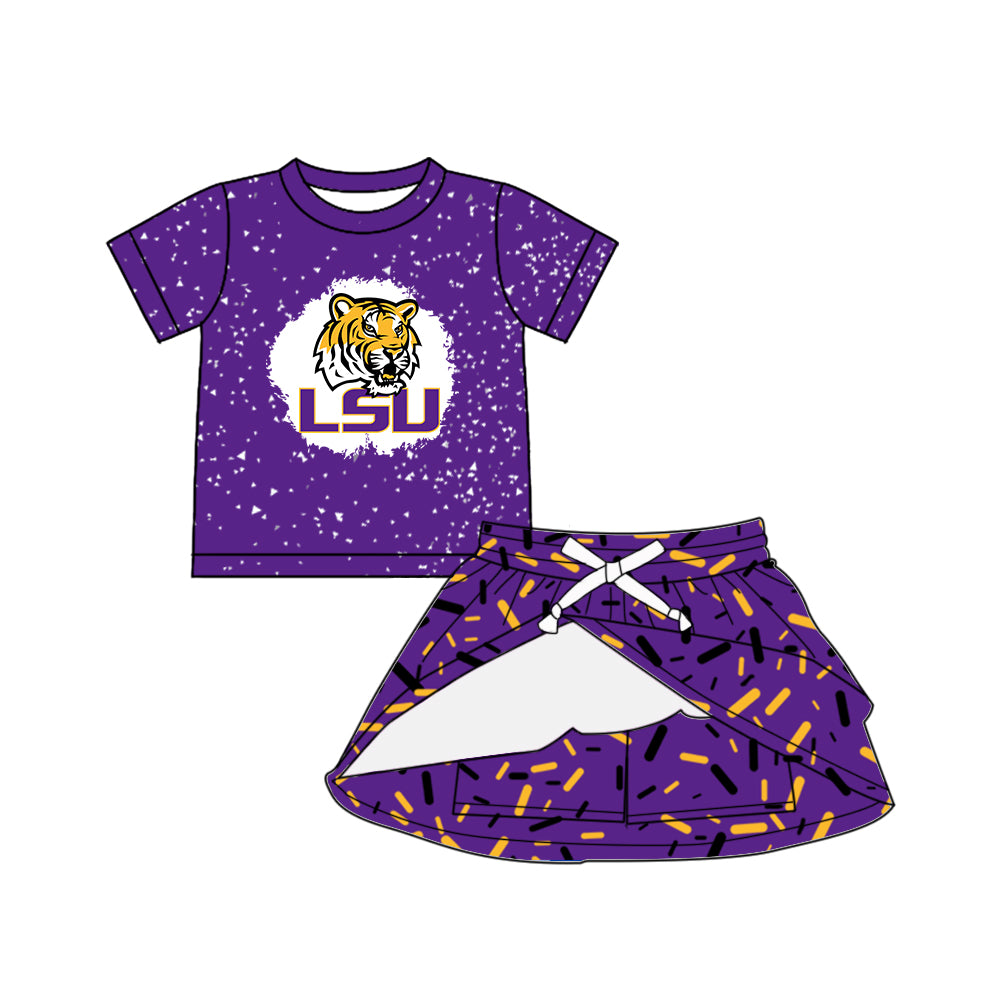 Custom moq 5 mix sizes summer teams baby girls clothes team purple short sleeve skirts shorts sets dress top-25.5.9