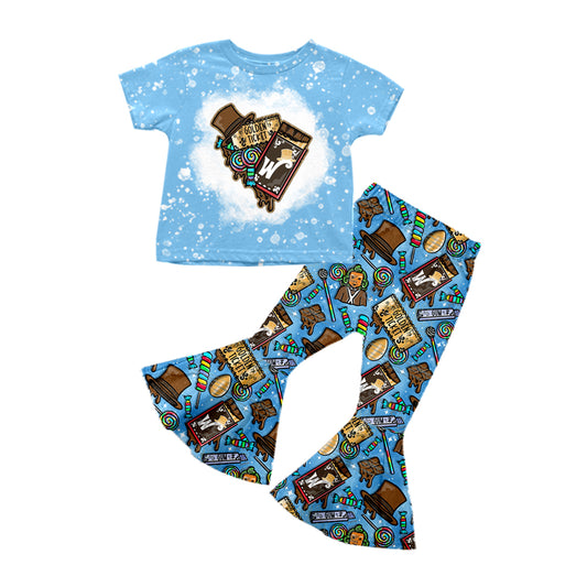 5.2custom each style moq 5eta 4-5week GOLDEN TICKET cartoon character prints blue girls outfits set and baby romper