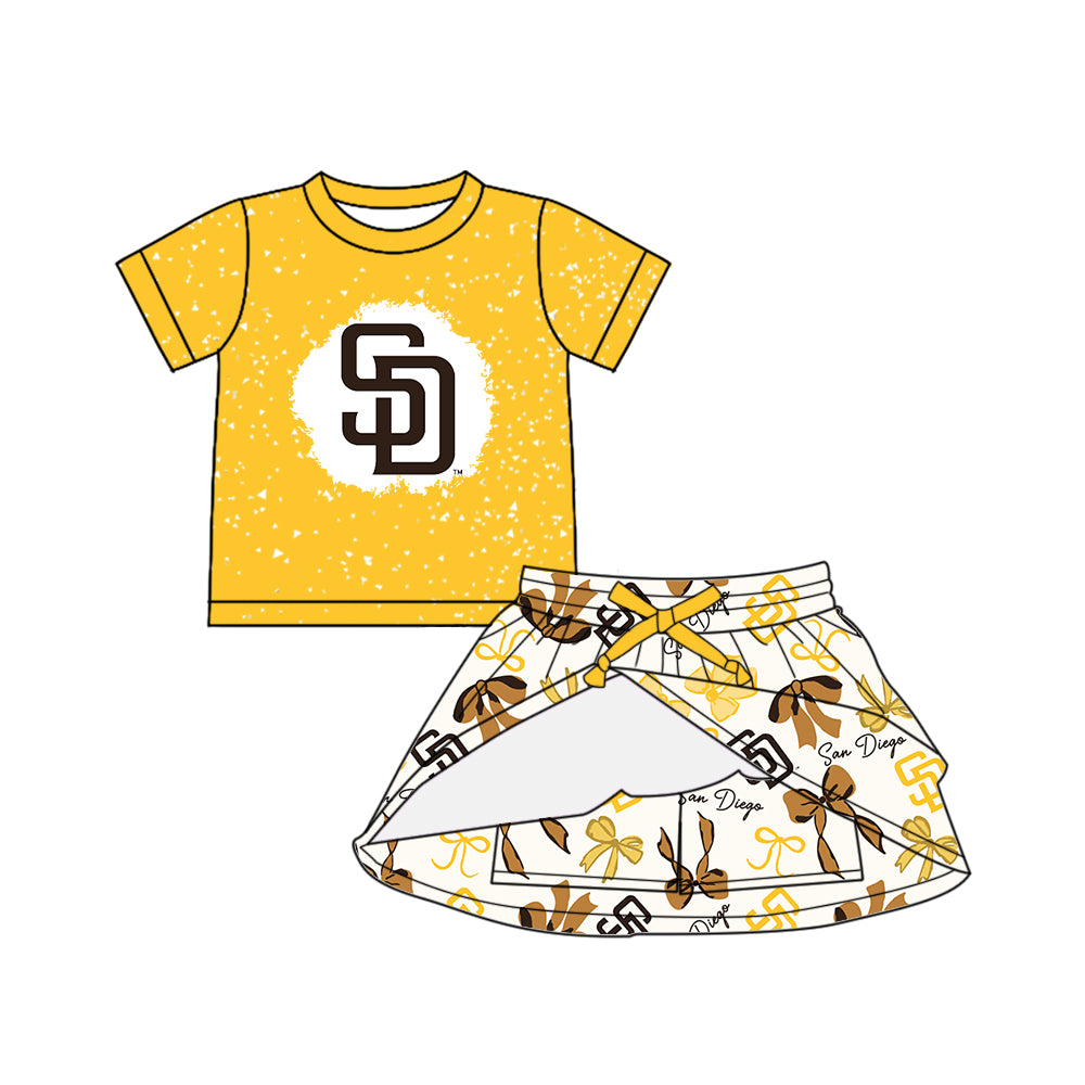 Custom moq 5 mix sizes summer teams baby girls clothes team yellow short sleeve skirts shorts sets dress 1 and dress 2 and dress 3 and dress 4-25.5.19