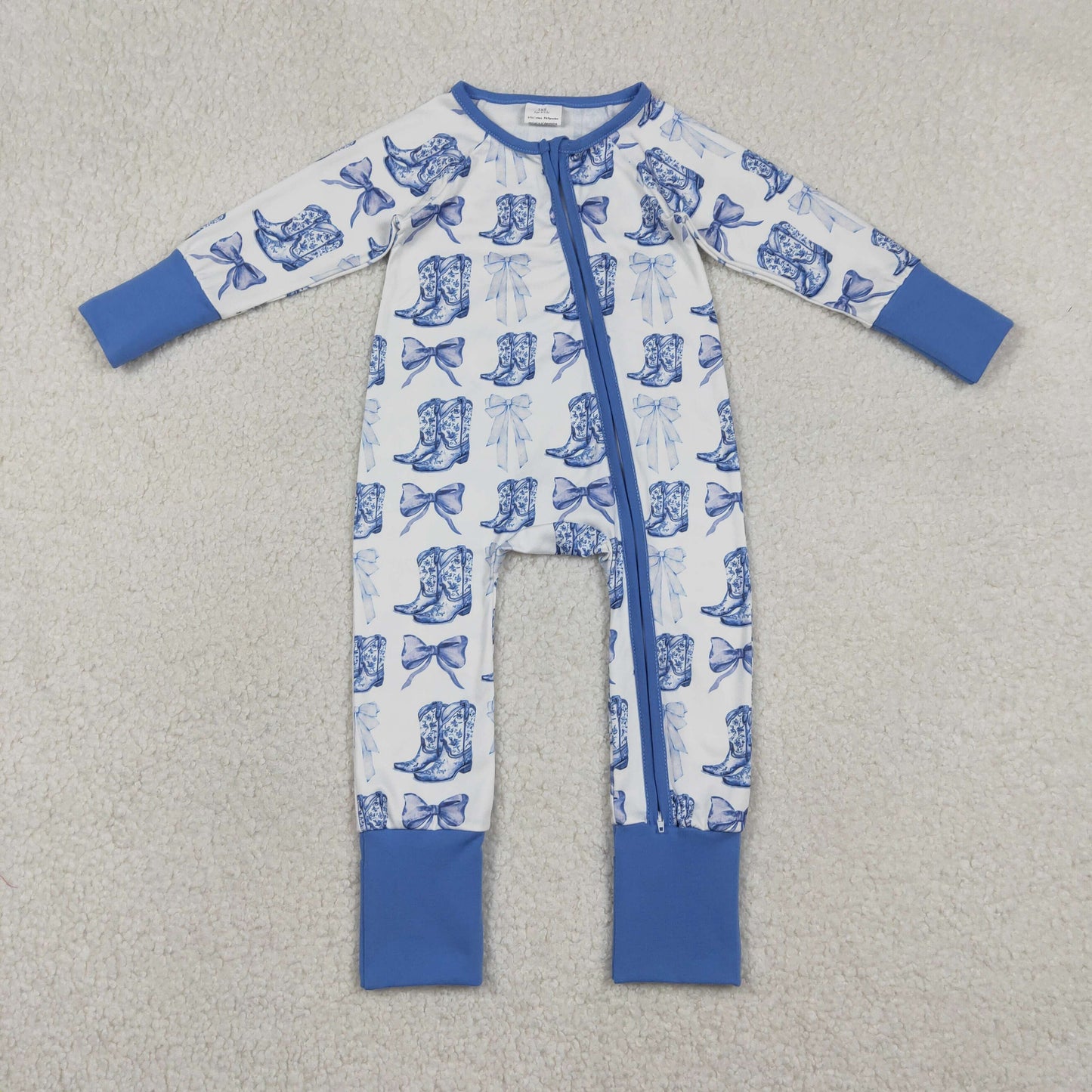 RTS NO MOQ（In Stock ) Boots and Bow Pattern Blue and White Zipper Long-Sleeve Jumpsuit