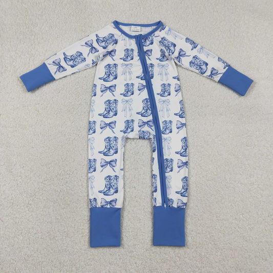 RTS NO MOQ（In Stock ) Boots and Bow Pattern Blue and White Zipper Long-Sleeve Jumpsuit
