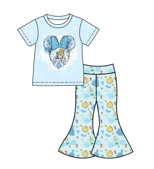 Custom moq 5 mix size milk silk baby girl clothes cartoon sky blue short sleeve pants sets