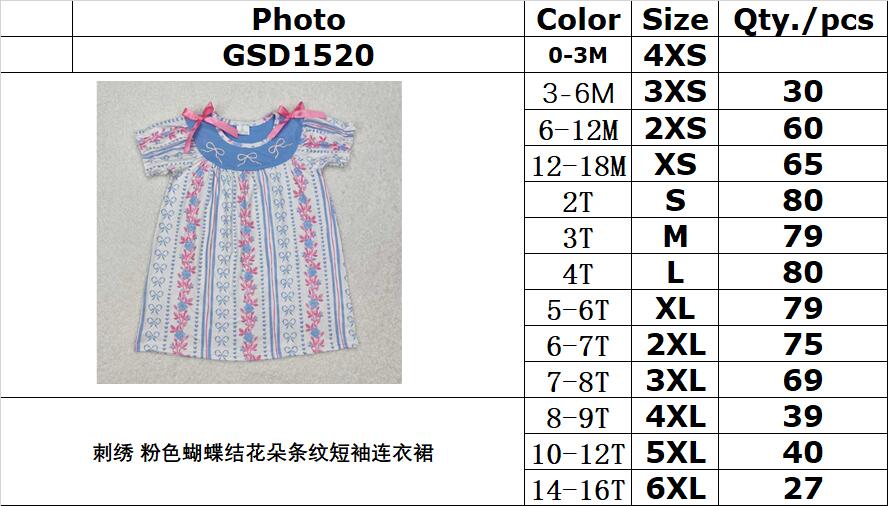 RTS NO MOQ ETA 5/7days Arrived GSD1520 Embroidered pink bow flower striped short-sleeved dress