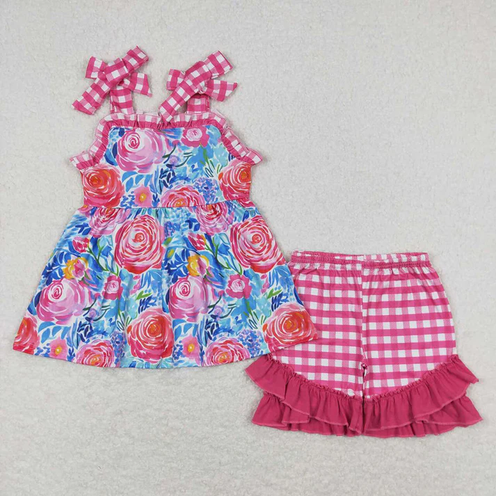 RTS NO MOQ Baby Girls Pink Flowers Straps Sibling Summer Dresses Rompers Clothes Sets