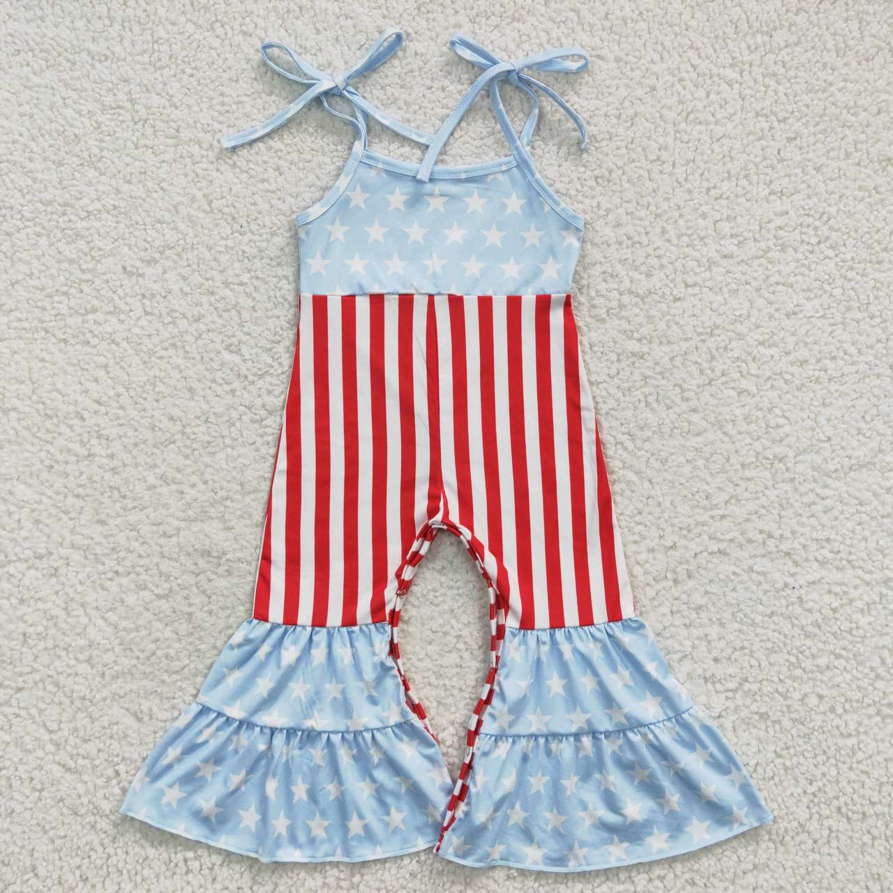 SR0385 Blue polka dot red vertical stripe bow tie jumpsuit