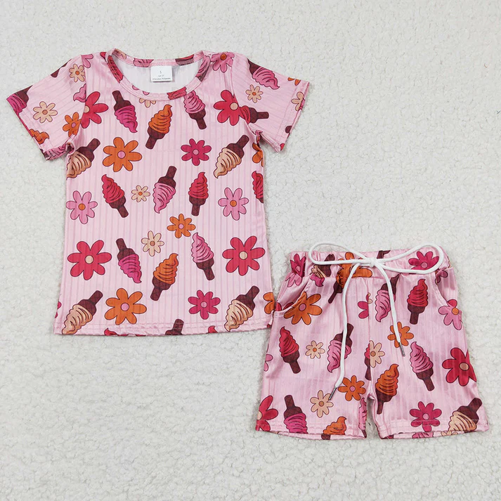RTS NO MOQ Baby Girls Flowers Short Sleeve Tee Shirts Summer Shorts Pajamas Clothes Sets