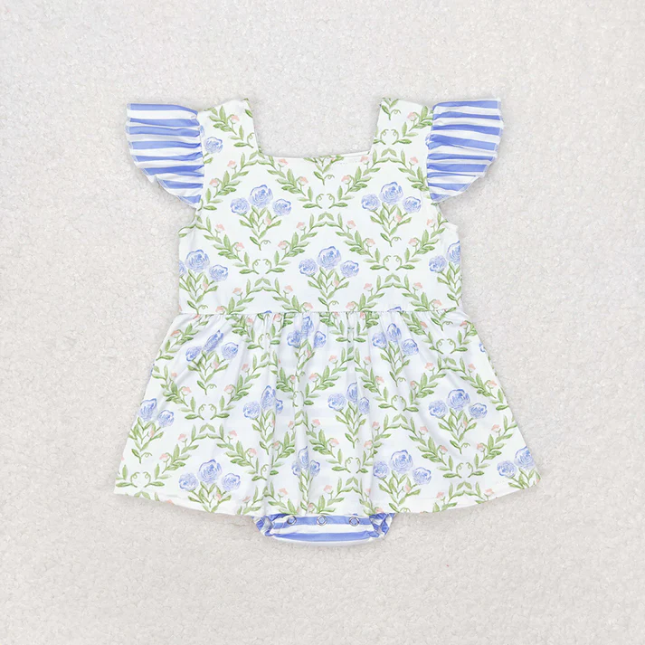 RTS NO MOQ Baby Girls Green Blue Flowers Sibling Rompers Clothes Sets