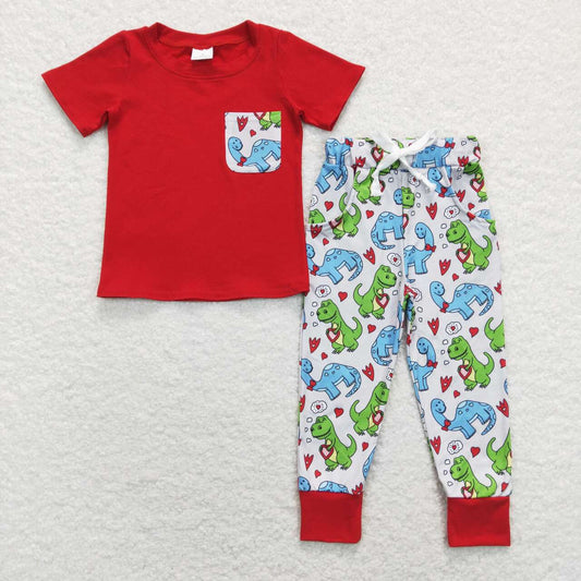 BSPO0235 Love Dinosaur Pocket Red Short Sleeve Gray Pants Suit