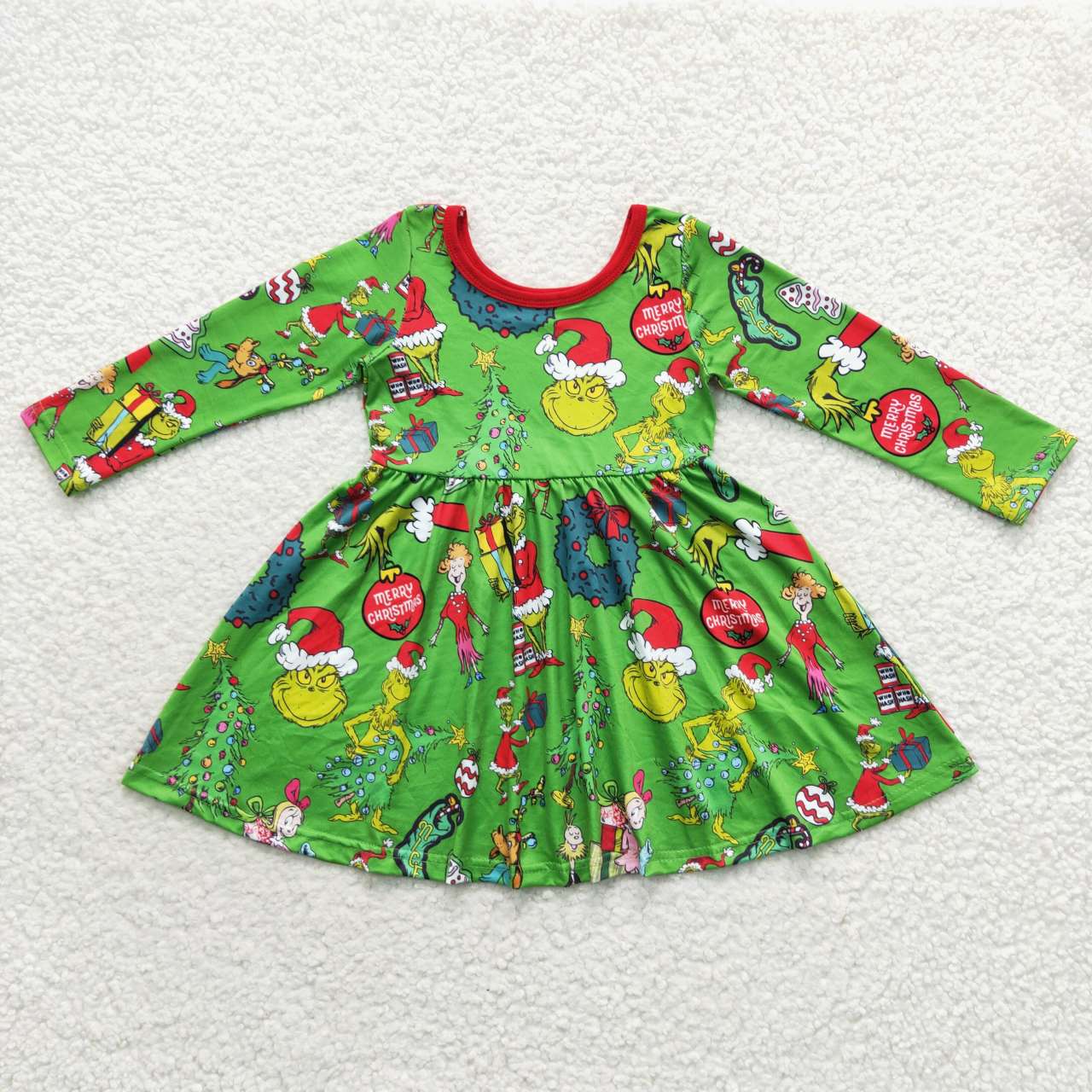 GLD0345 Cartoon Grinch Wreath Green Long Sleeve Dress