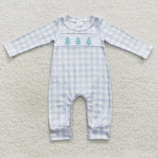 LR0335 Embroidered Christmas Tree Plaid Blue Long Sleeve Bodysuit