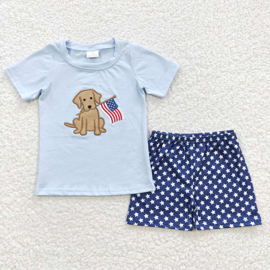 BSSO0227 Boys Embroidered National Day Puppy Blue Short Sleeve Shorts Set