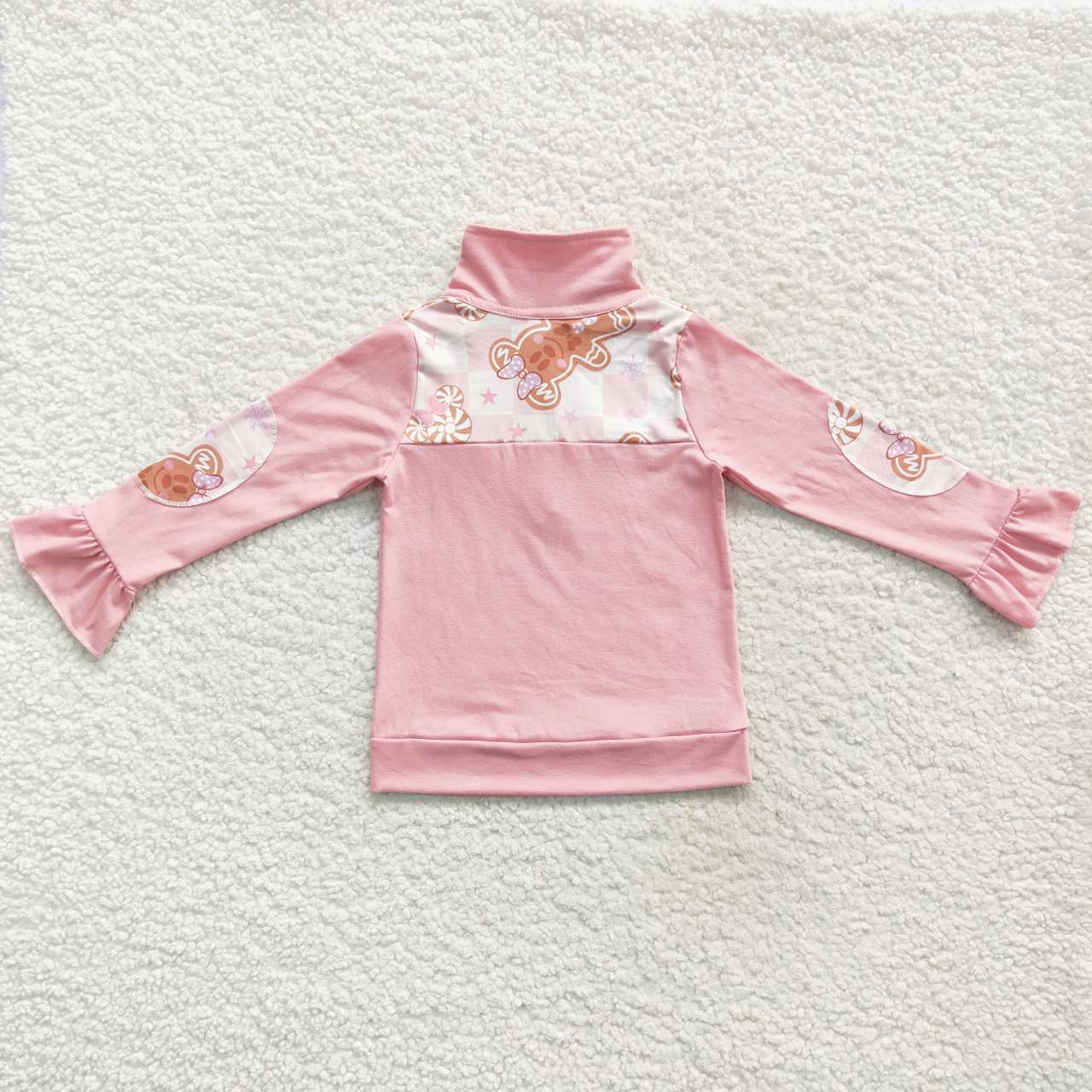 GT0218 Cartoon Mickey Gingerbread Man Pink and White Zipper Long Sleeve Top