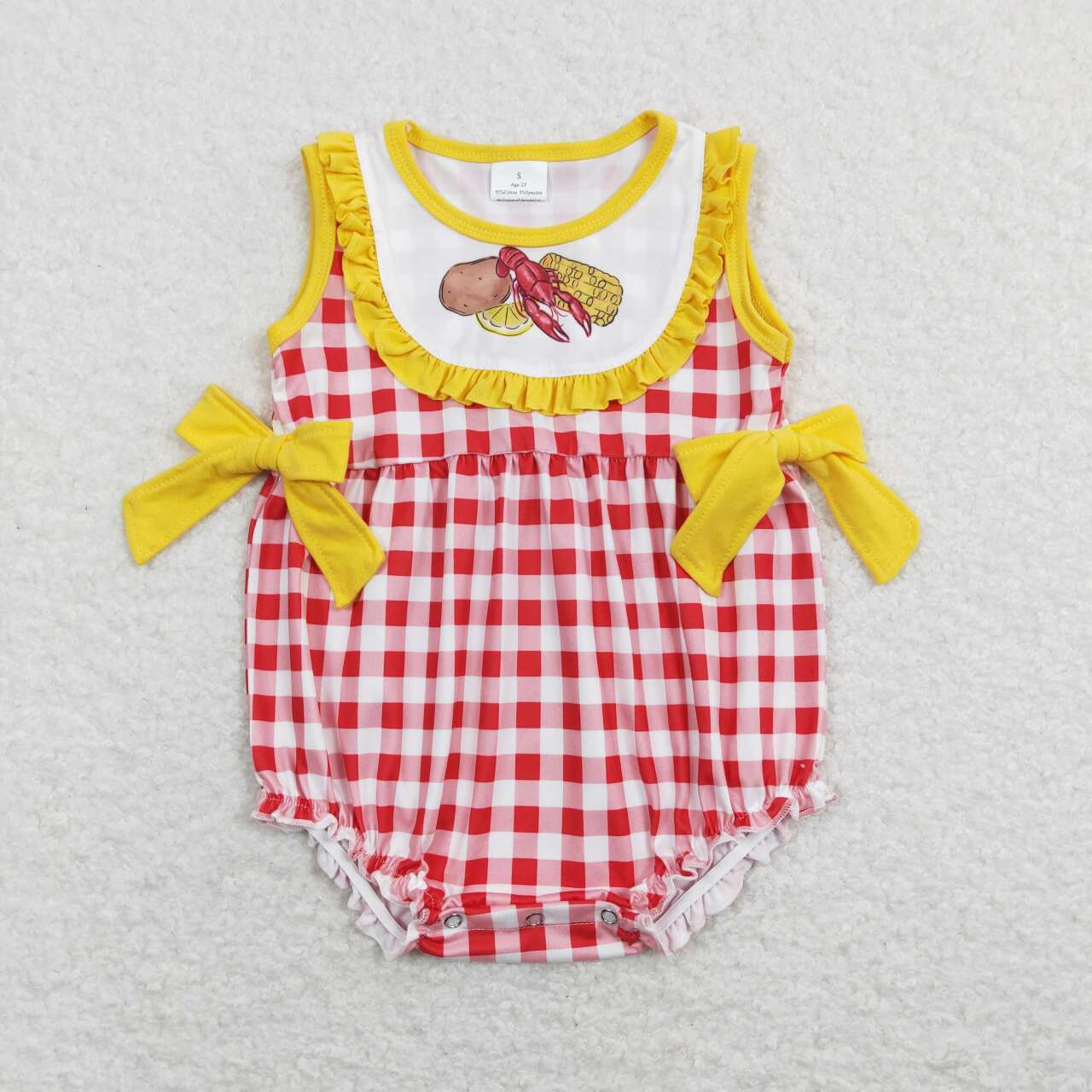 RTS NO MOQ（In Stock) Potato Crayfish Corn Yellow Lace Bow Red and White Plaid Vest Jumpsuit