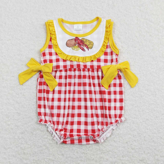 RTS NO MOQ（In Stock) Potato Crayfish Corn Yellow Lace Bow Red and White Plaid Vest Jumpsuit