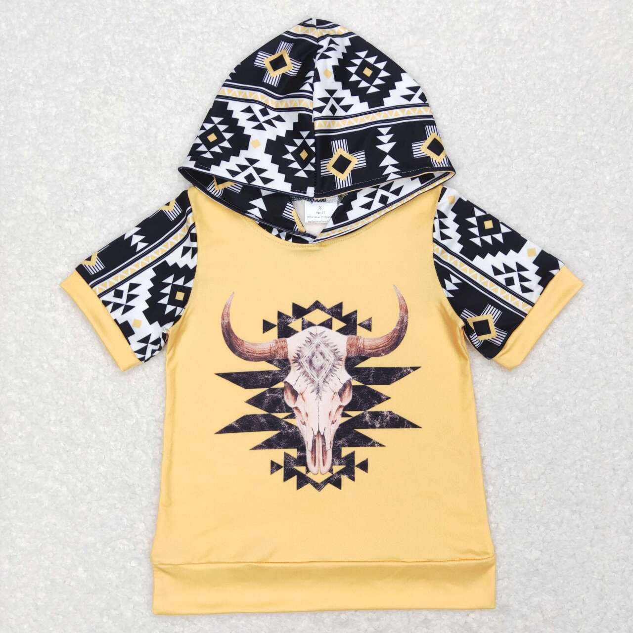 RTS NO MOQ ETA 5/7days Arrived BT0458 Alpine cow head geometric yellow hooded short-sleeved top