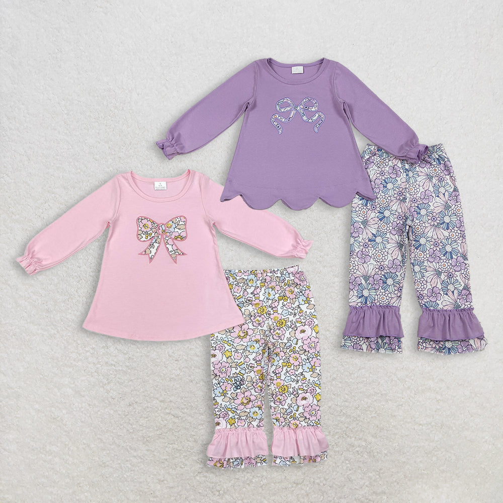 RTS NO MOQ baby girl clothes embroidery bow long sleeve pants Clothes Sets