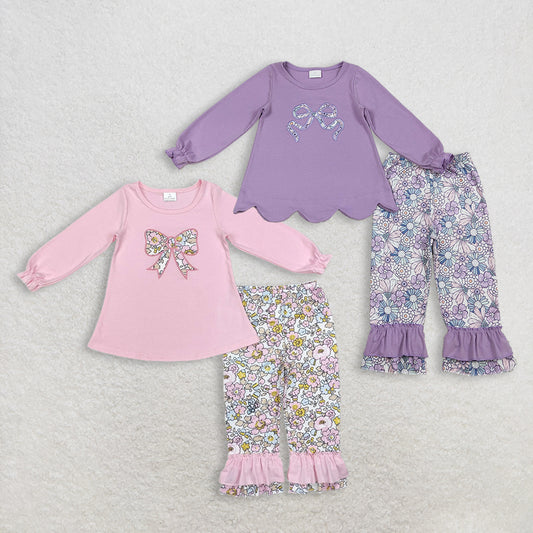 RTS NO MOQ baby girl clothes embroidery bow long sleeve pants Clothes Sets