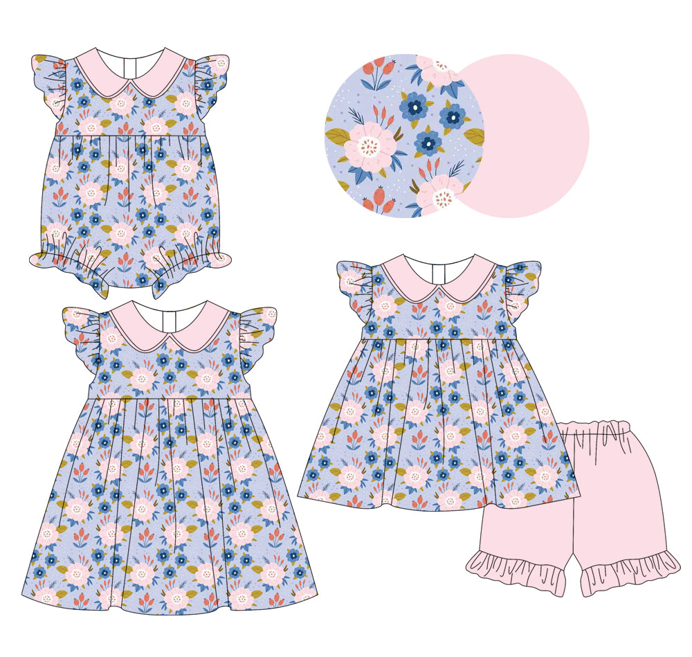 1.15 custom each style moq 5eta 4-6week Sibling Sisters floral baby girl short sleeve shorts sets and dress and rompers match family design