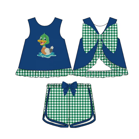 5.16custom each style moq 5eta 4-5week Sibling Sister DUCK print green plaid blue girls and boys outfits and baby romper match family design