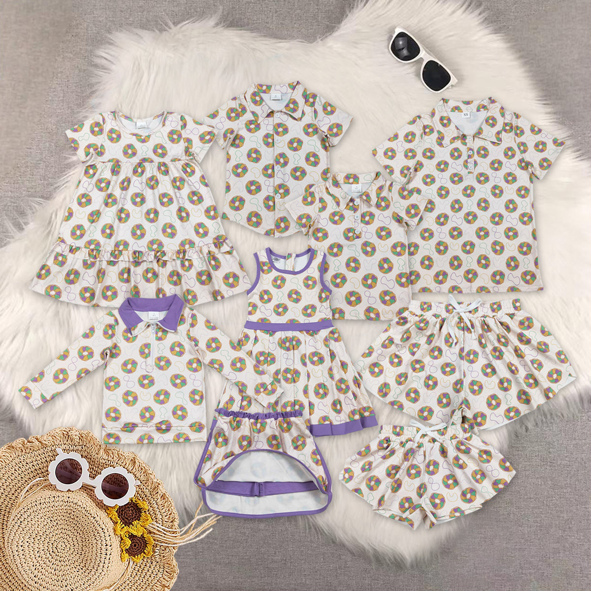 RTS NO MOQ Sibling baby girl boy clothes mardi gras nceklace short sleeve top and dresses and skirts sets and skirts and adult top and adult skirts