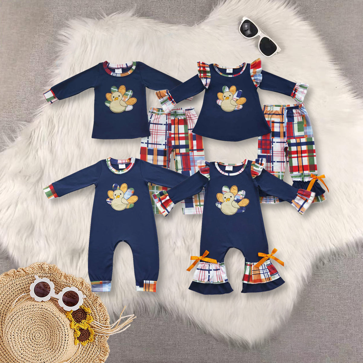 RTS NO MOQ Sibling Baby girls clothes Embroidery thanksgiving turkey long-sleeved trousers suit & rompers