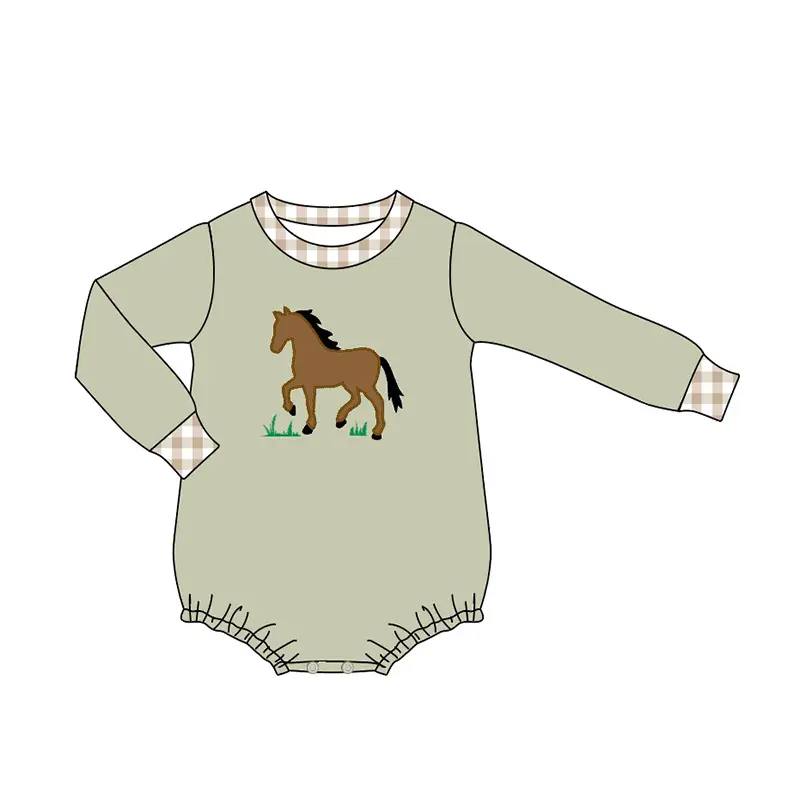 Custom moq 3 eta 7/8week moq 5 eta /4/5week Grey green long-sleeved romper with embroidered horses