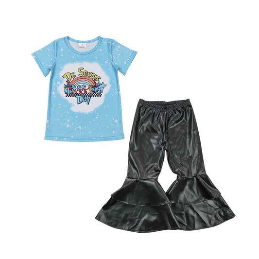 P0034 Black double lace leather pants+GT0365 dr seuss rainbow blue short sleeve top