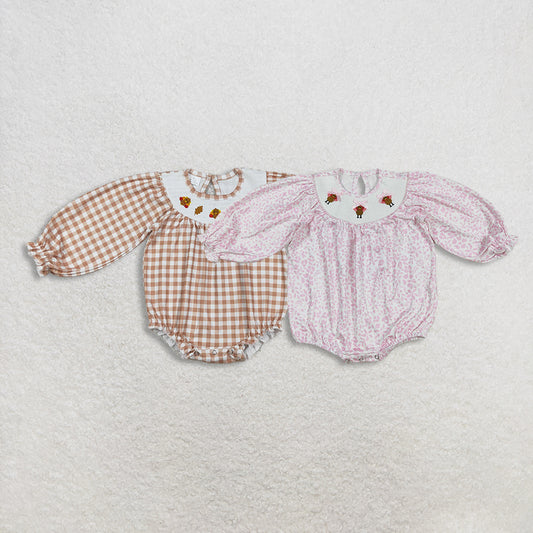 RTS NO MOQ Sibling Baby girls clothes smocked Embroidery turkey long-sleeved rompers