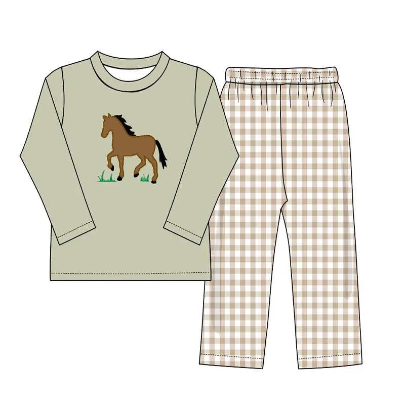 Custom moq 3 eta 7/8week moq 5 eta /4/5week Boys' grey green long-sleeved suit with embroidered horse